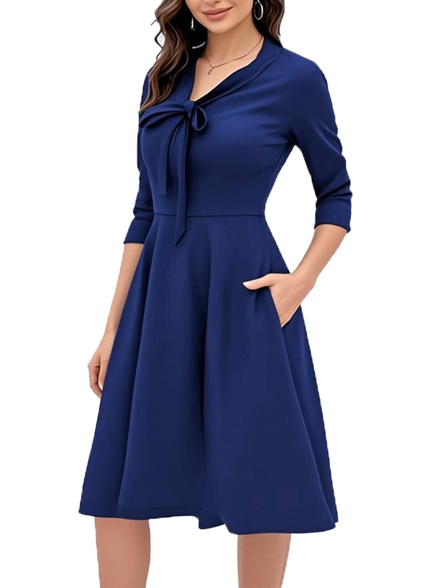 oxiuly Women's Vintage Bow Tie V-Neck Pockets Casual Work Party Cocktail Swing A-line Dresses OX278