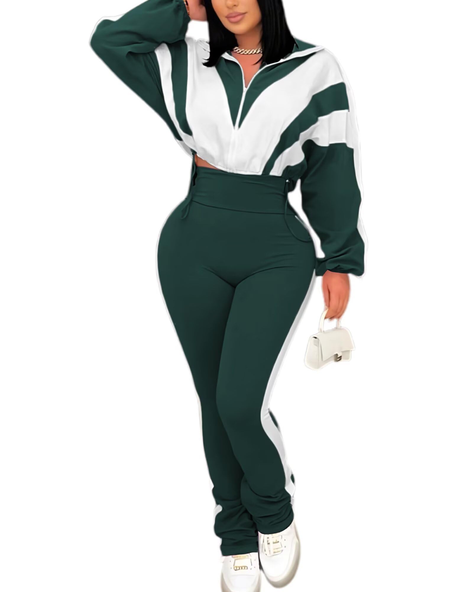 Remelon Womens 2 Piece Set Sweatsuit Color Block Long Sleeve Zip Up Cropped Jacket Legging Pants Set Tracksuit Jogger Outfits