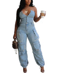 Voghtic Women's Strapless Denim Cargo Jumpsuit High Waisted Multiple Pocket Casual Outfit
