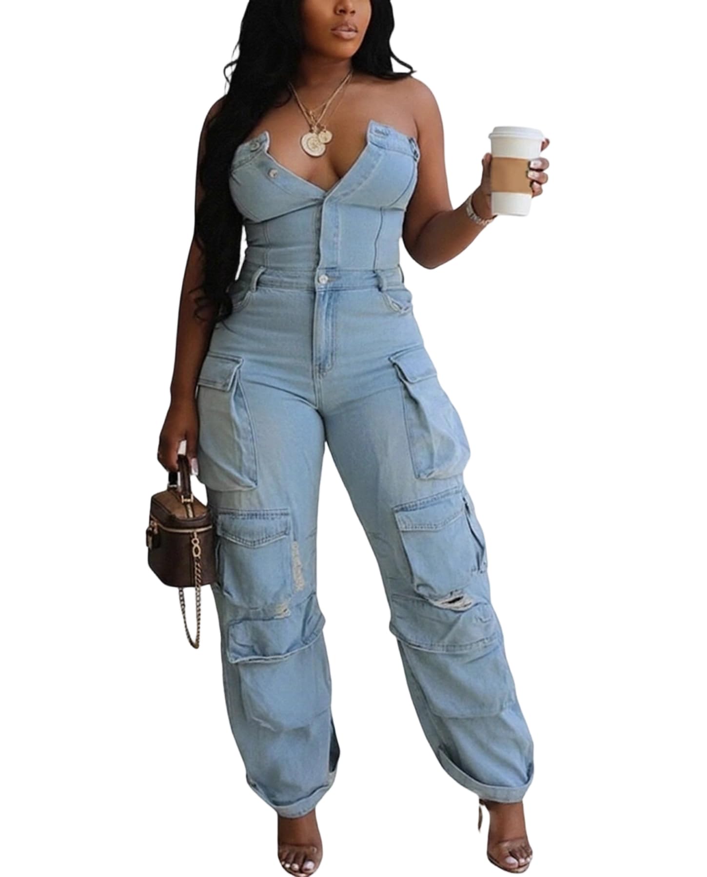 Voghtic Women's Strapless Denim Cargo Jumpsuit High Waisted Multiple Pocket Casual Outfit
