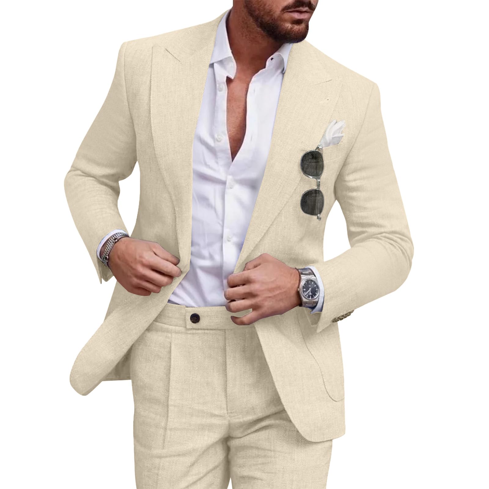 Diaryan Linen Men Suit Set Casual Tuxedo 2 Piece Regular Fit Blazer One Button Solid Jacket and Pants for Prom Wedding Party