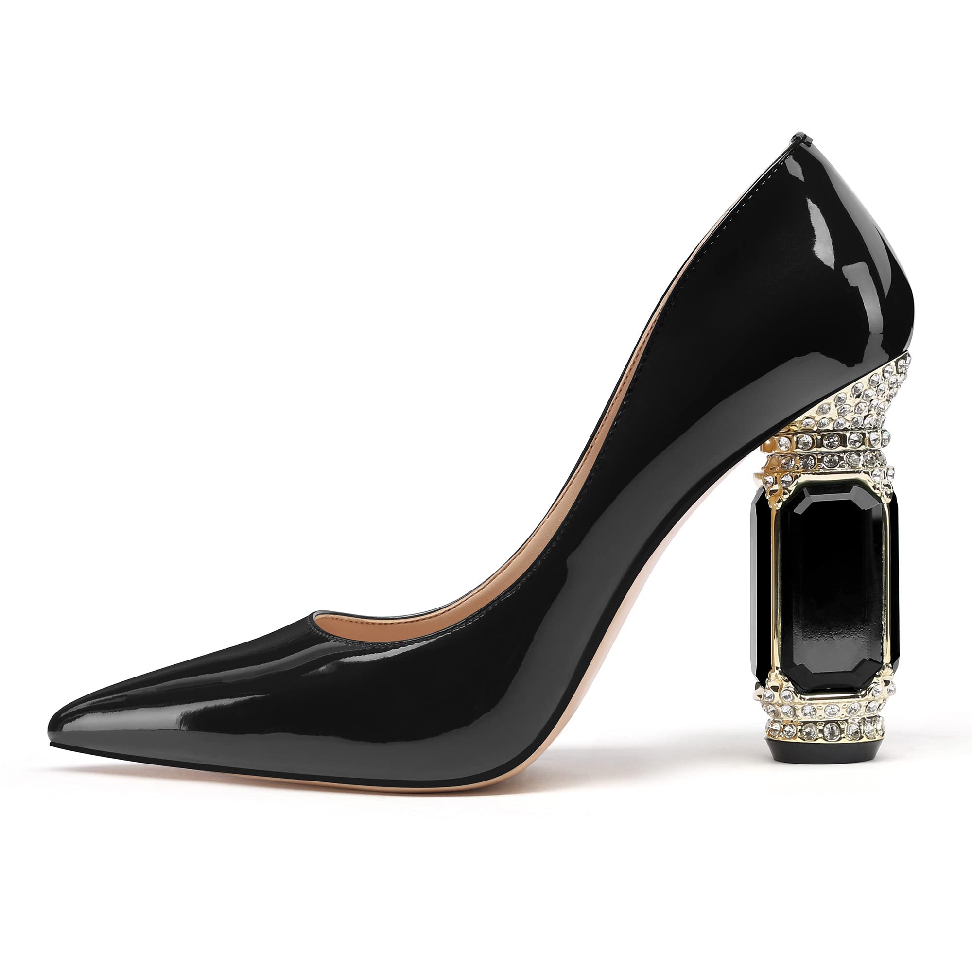 JANSEVEN Women Chunky Heels Pumps Crystal Block Heels with Rhinestones Pointed Toe Sexy Gradient Patent Leather Slip on Bridal Party Wedding Dress Shoes 5-13 M US