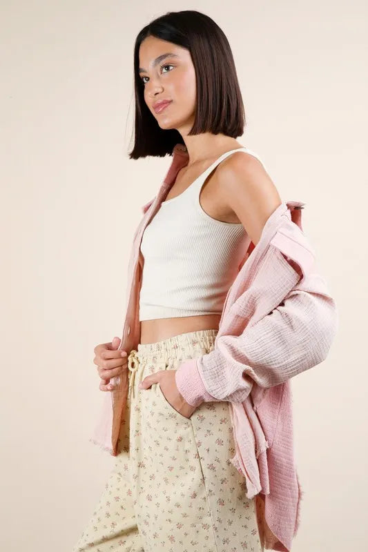 VERY J Mineral Washed Oversized Gauze Shacket