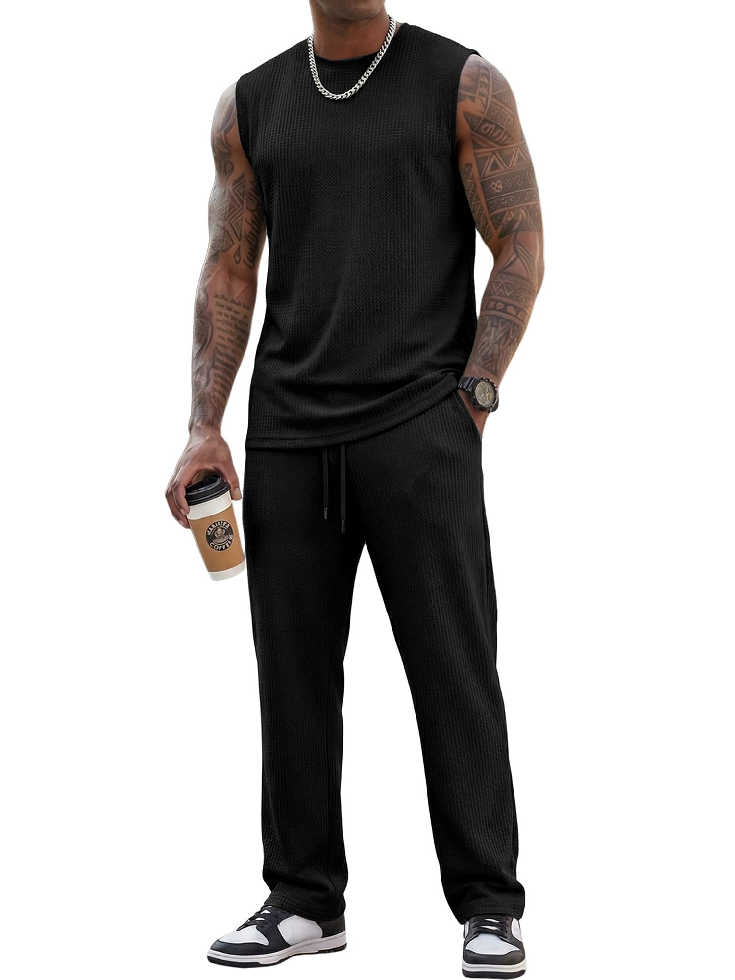JMIERR Men Fashion 2 Piece Set Casual Muscle Tank Baggy Pants Stretch Textured Beach Street HipHop Sleeveless Shirts