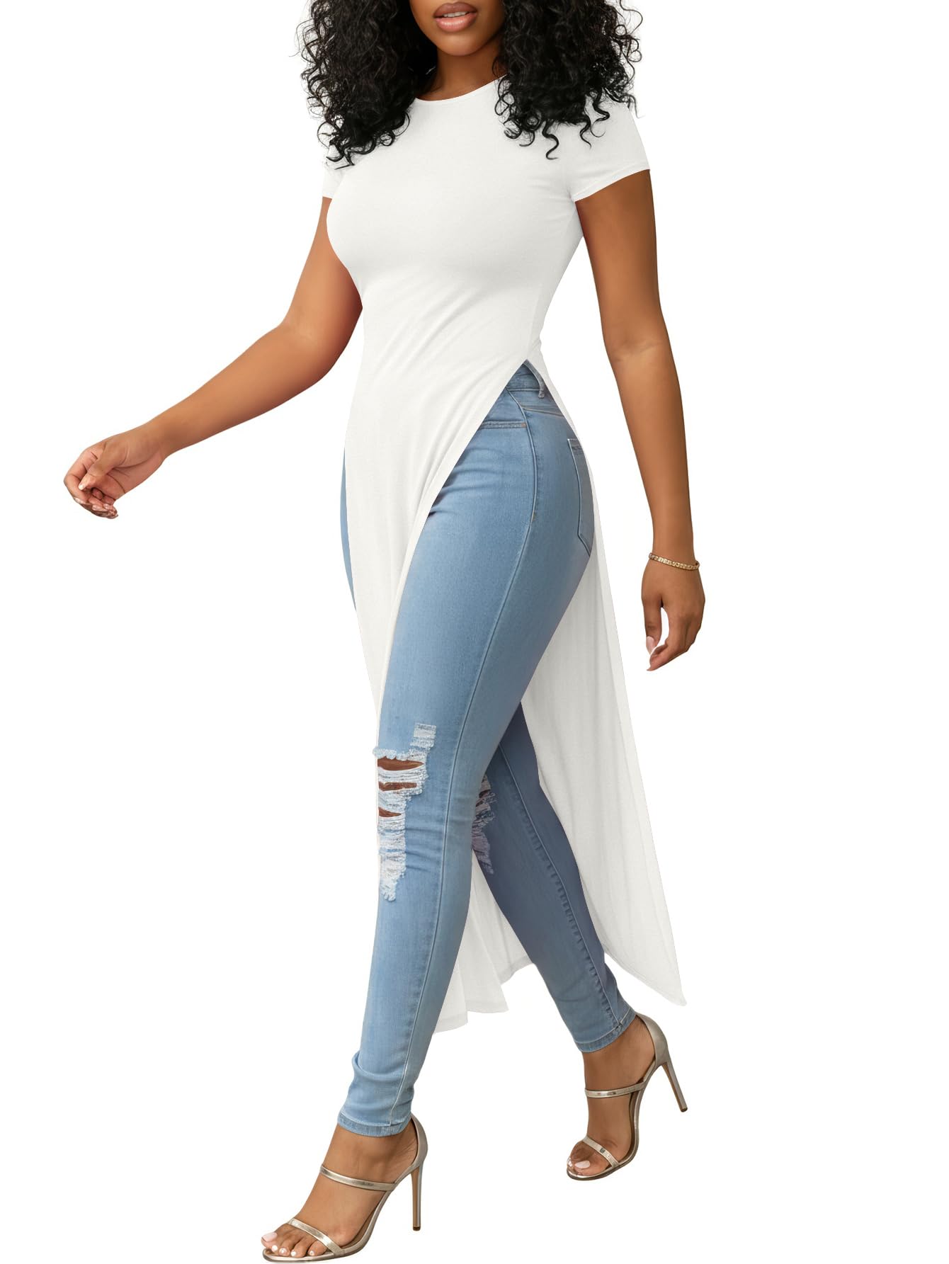 OPOIPIN Women's Crew Neck Split Slit Hem Short Sleeve Slim Fit Tee Top Long Shirt Tunic