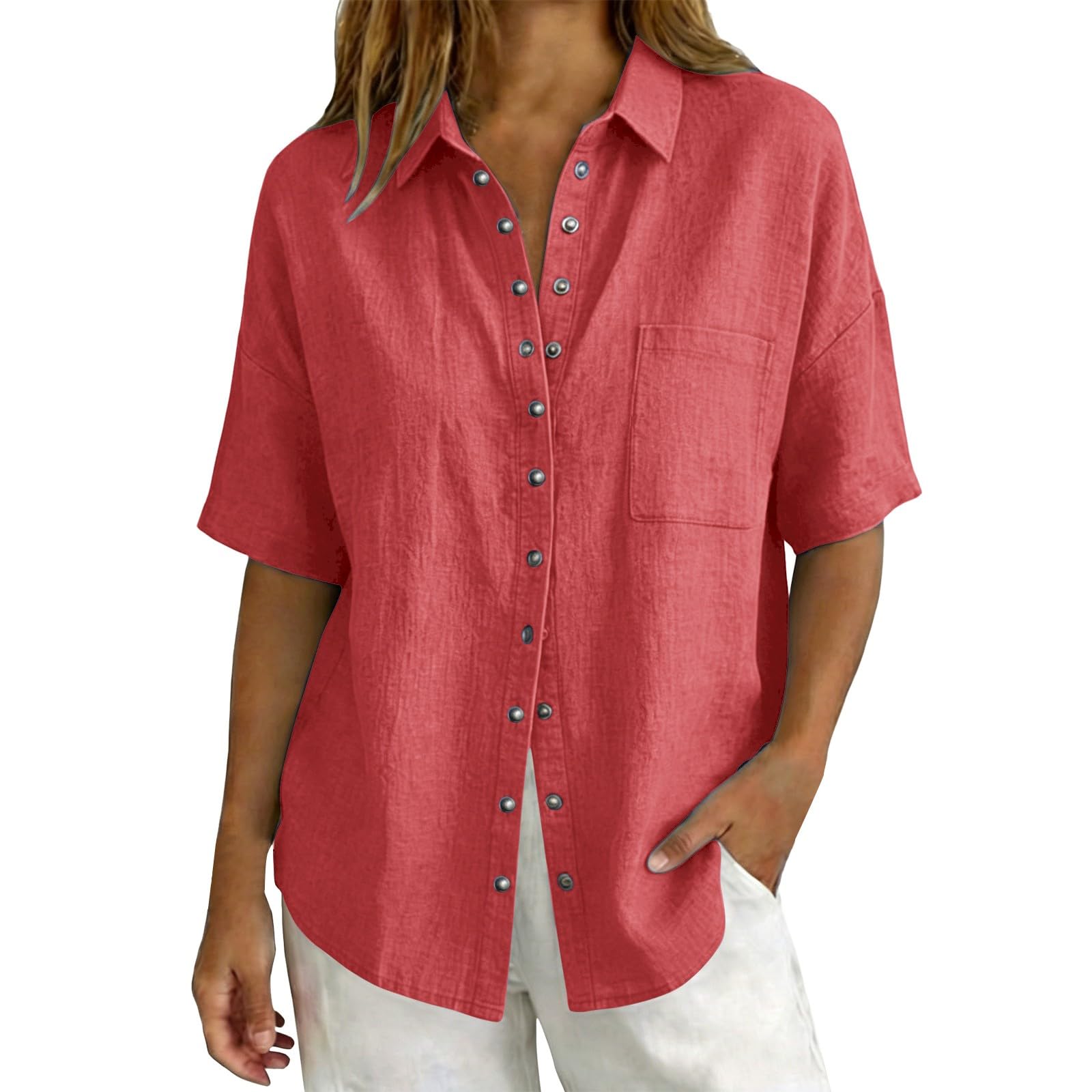 Linen Tops for Women Breathable Gauze Shirts Cotton Button Down Summer Elbow Length Blouses Dressy Casual Clothes