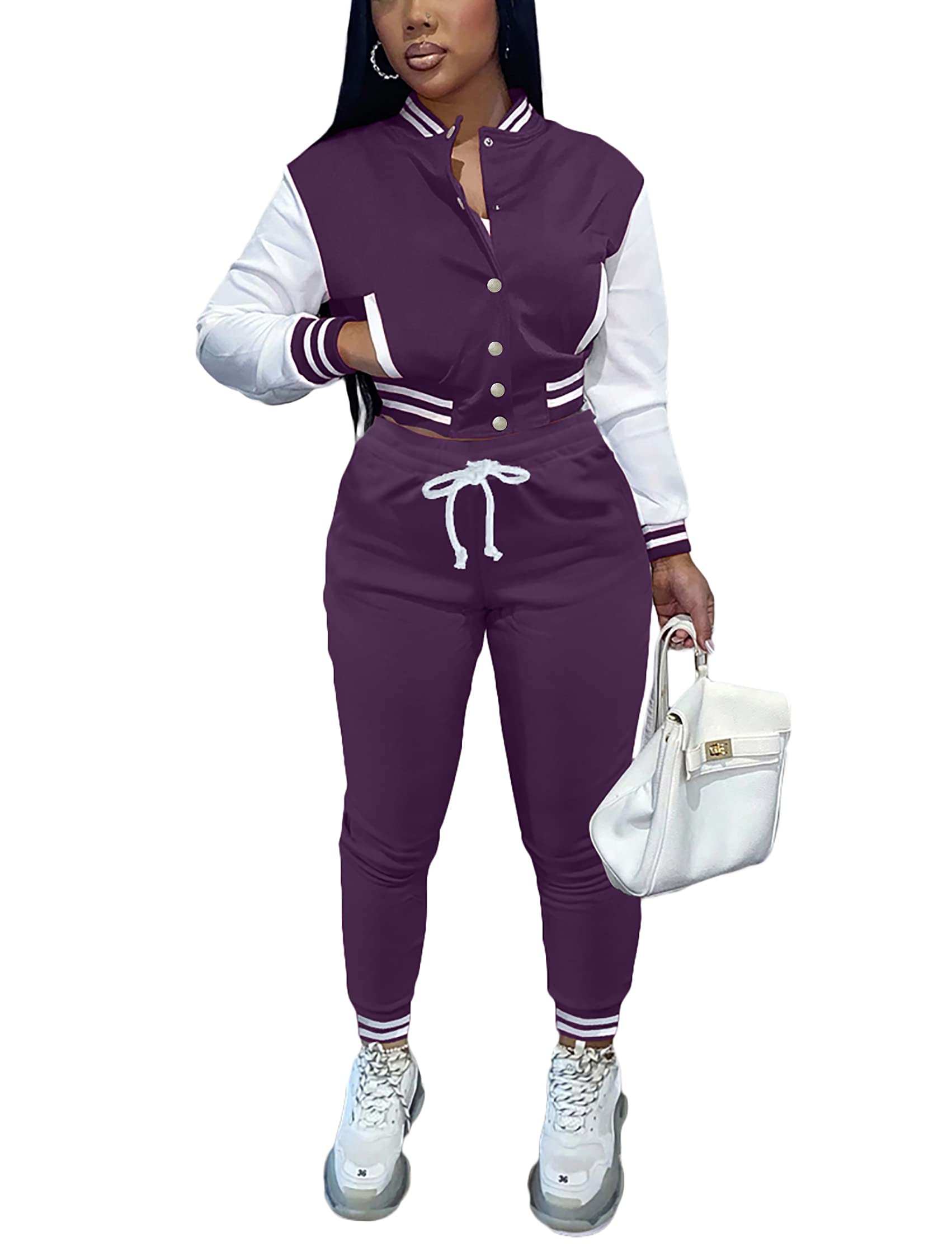 Fooullaide Women's Varsity Jacket Sweatsuit 2 Piece Tracksuit Crop Top Button Down Letterman Jackets Pants Sets