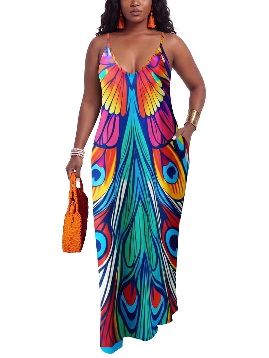 PerZeal Women's Summer Casual Maxi Dresses Sexy Floor Length V-Neck Spaghetti Strap Sleeveless Colorful Sundresses Plus Size
