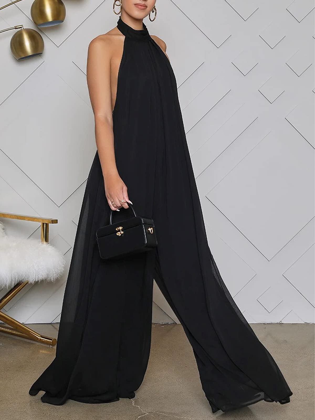 Ekaliy Women’s Sexy Summer Jumpsuit Halter Neck Sleeveless Chiffon Wide Leg Long Pant Jumpsuit Romper One Piece Outfits