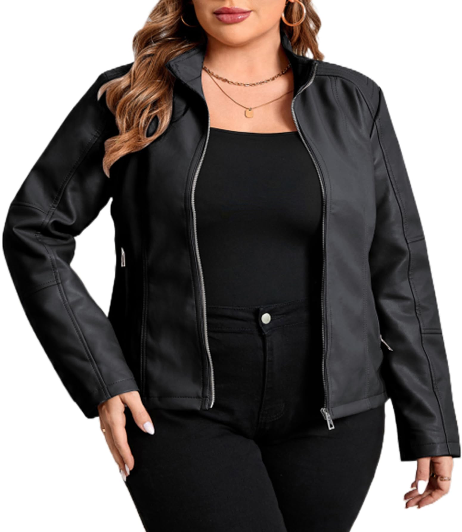 Geschallino Women's Faux Leather Jacket Plus Size Fall Motorcycle Biker Clothes Outfits Short Fashion PU Coat (1X-5X)