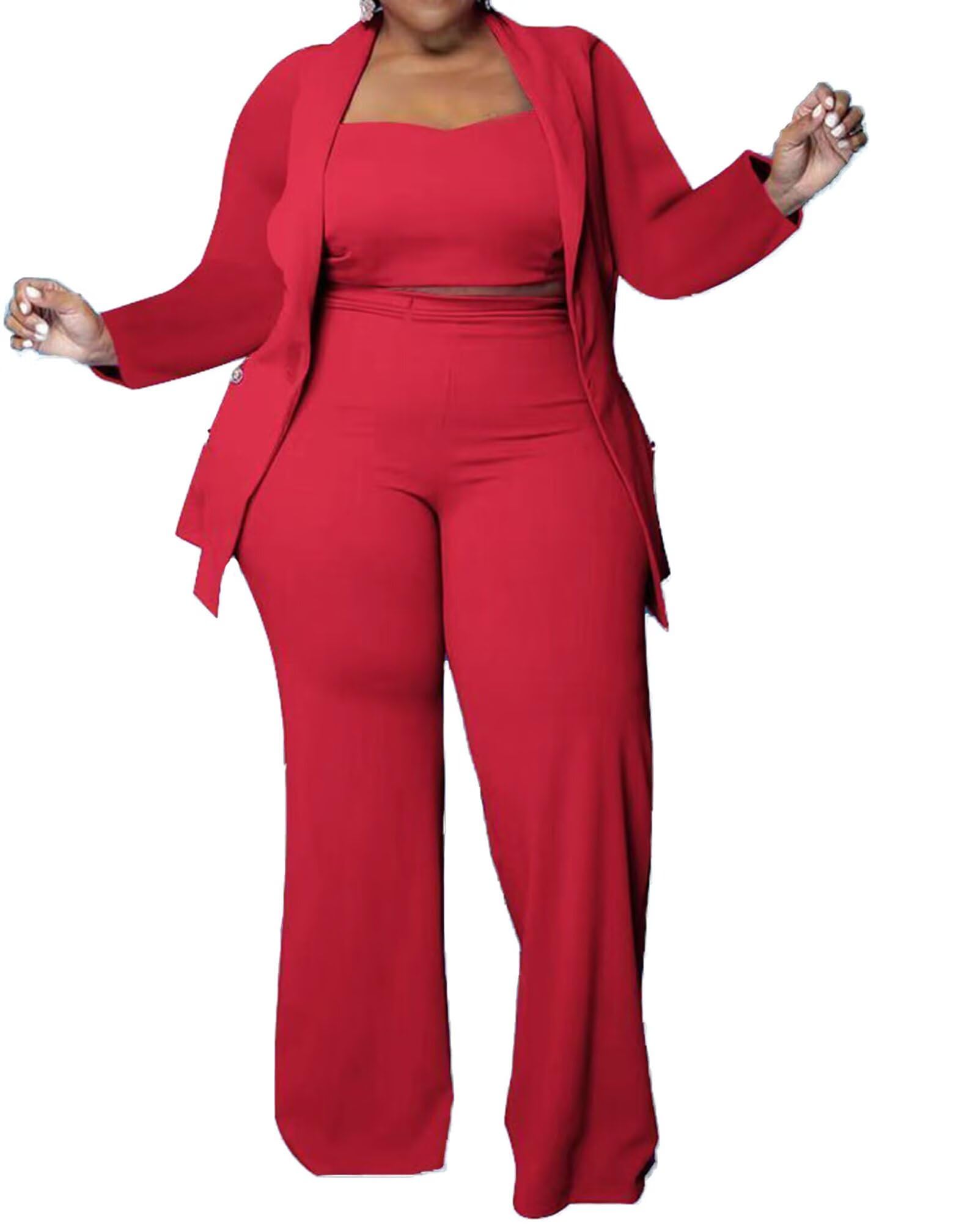 Women Plus Size Pants Suits 3 Piece Set Long Sleeve Blazer Pants Suit Sets Dressy Business Casual Office Work Outfits
