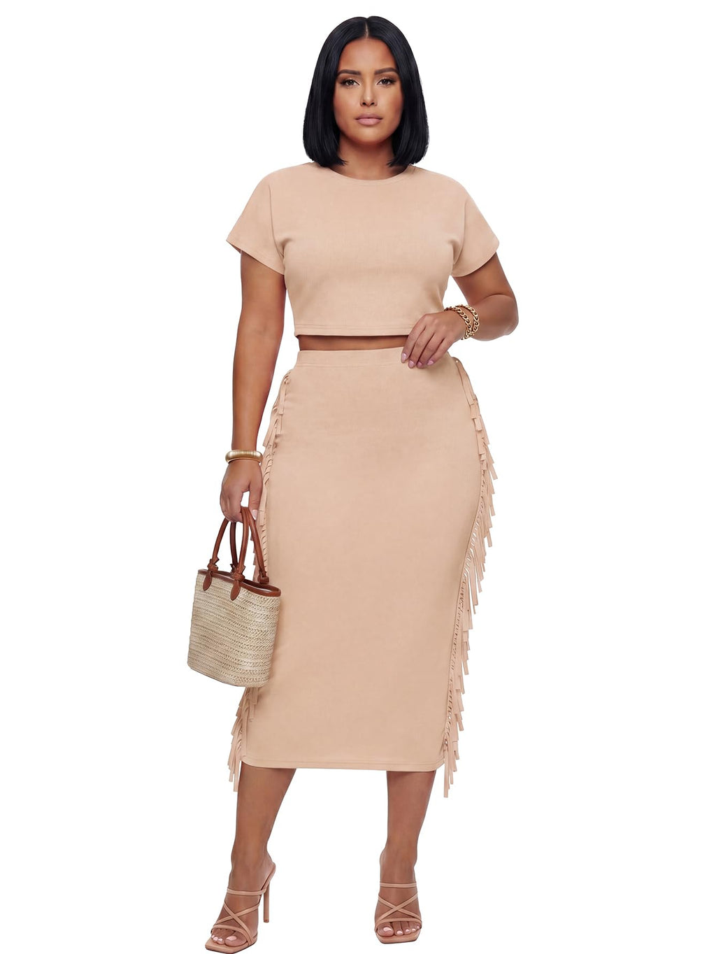LYANER Women's 2 Piece Outfits Crew Neck Fringe Short Sleeve Crop Top and Tassel Trim Bodycon Midi Skirt Set