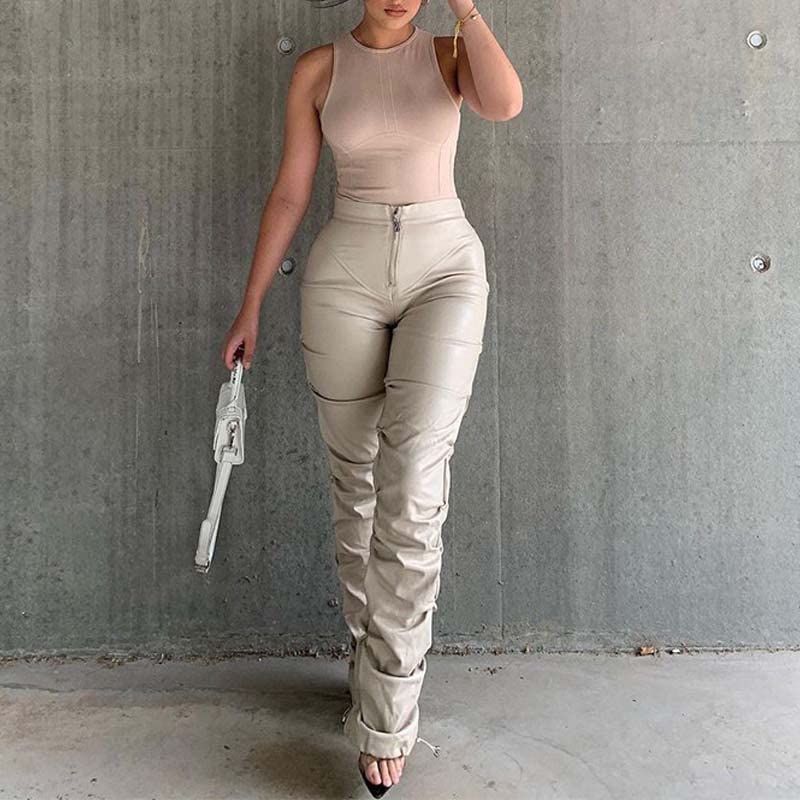 Sumleno High Waist Stacked Pants for Women Faux Leather Ruffle Ruched Leggings Y2k Black Pleated Sexy Aesthetic Streetwear