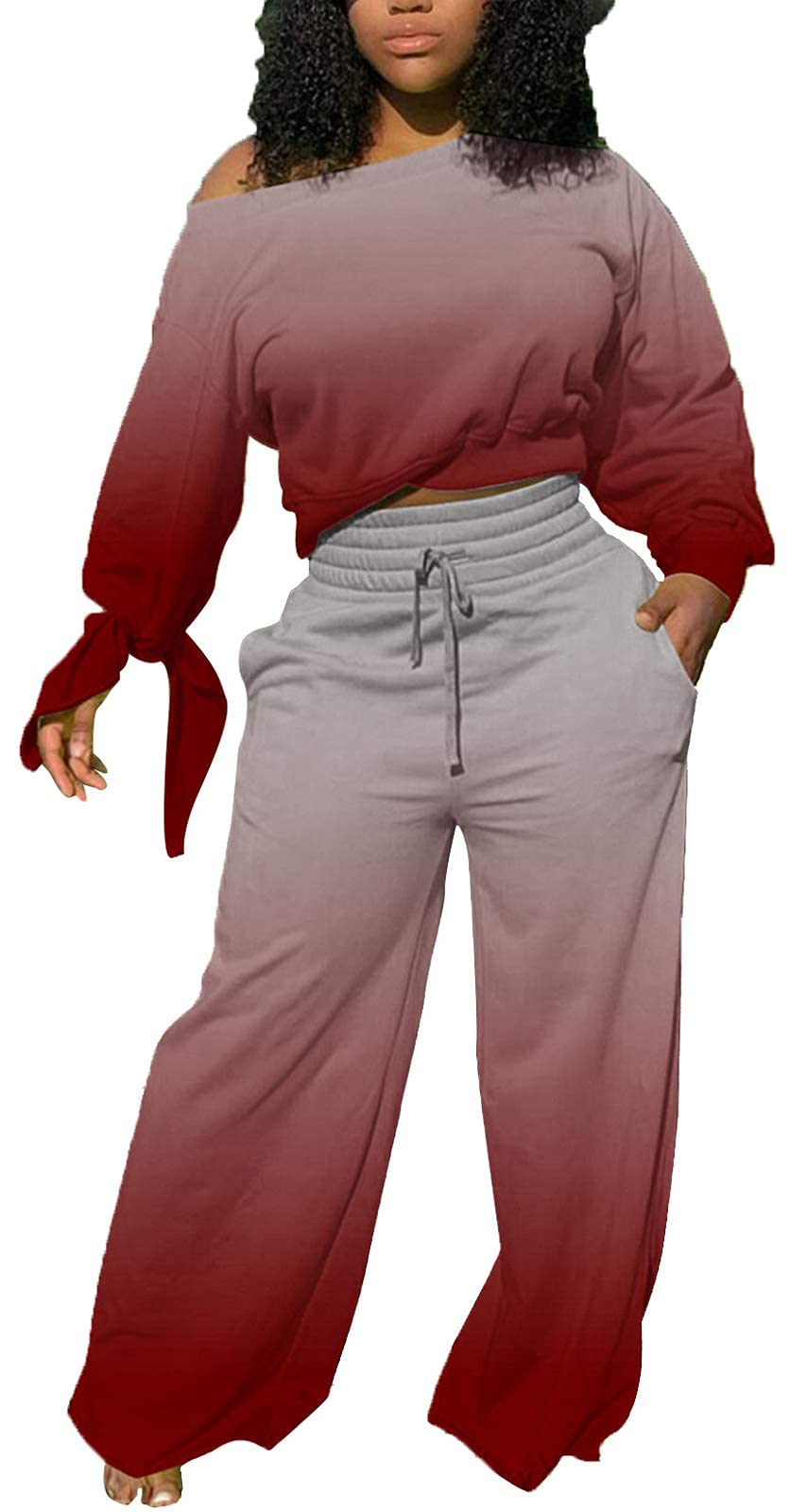 sexycherry Casual 2 Piece Outfits for Women Long Sleeve Sweatsuit Jogging Straight Long Pants Sets with Pockets