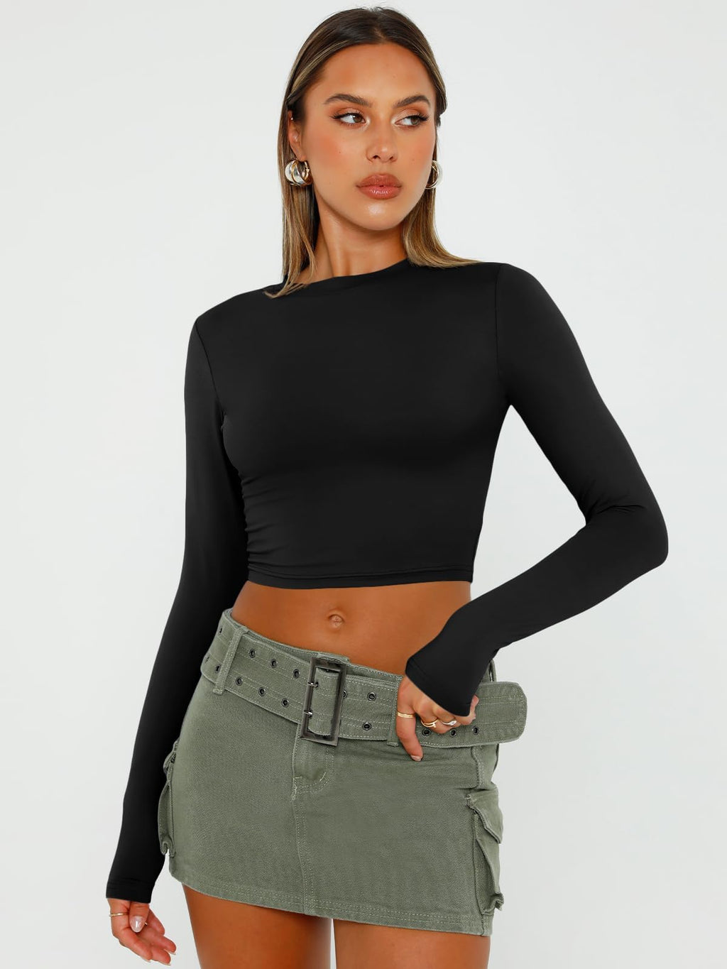 Trendy Queen Womens Long Sleeve Crop Tops Basic Slim Fitted Shirts Spring Fashion Outfits 2026 Teen Girl Clothes