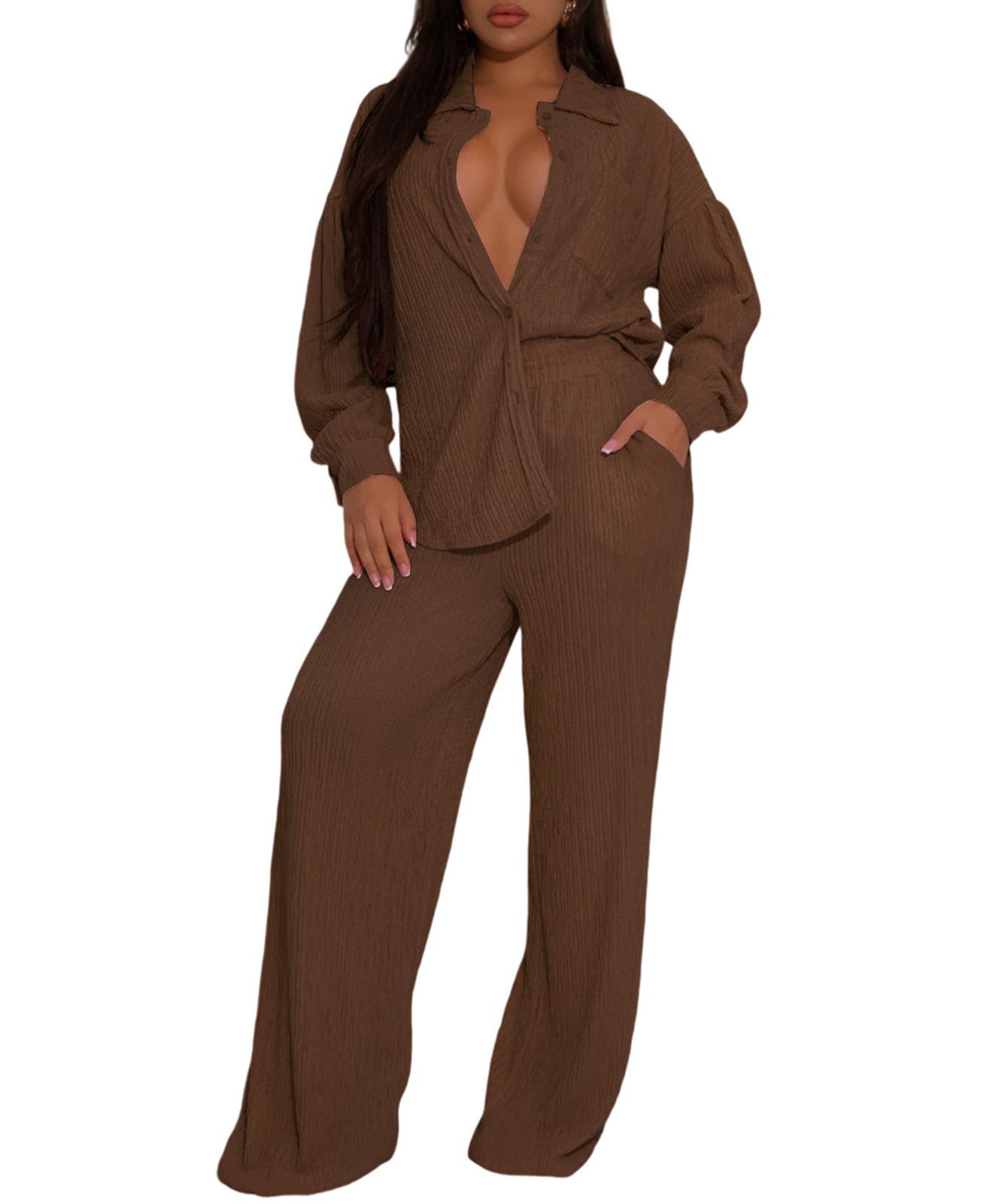 Ophestin Women 2 Piece Dressy Outfits Casual Pleated Long Sleeve Button Down Shirt Wide Leg Pants Loungewear Matching Sets