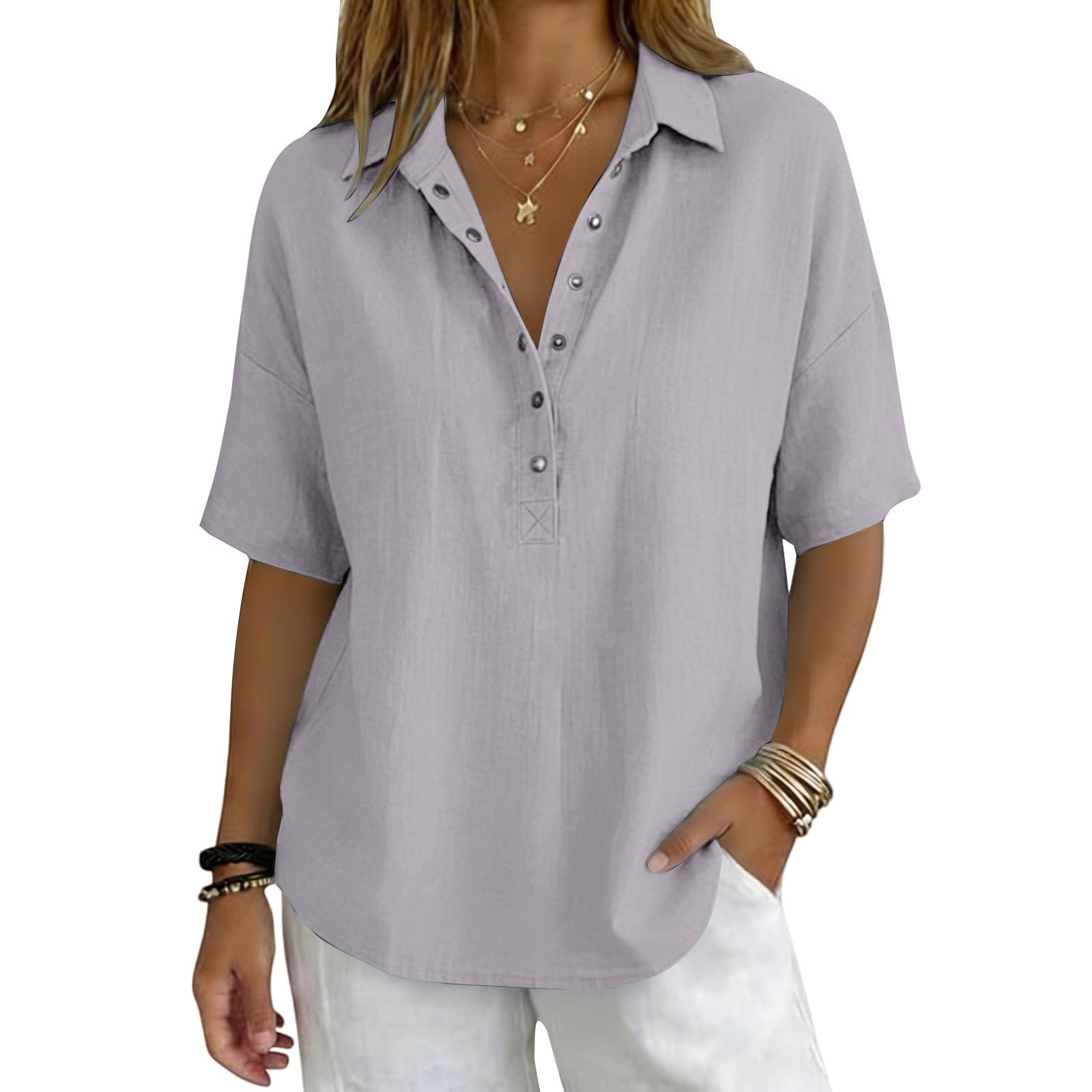 Linen Tops for Women Breathable Gauze Shirts Cotton Button Down Summer Elbow Length Blouses Dressy Casual Clothes