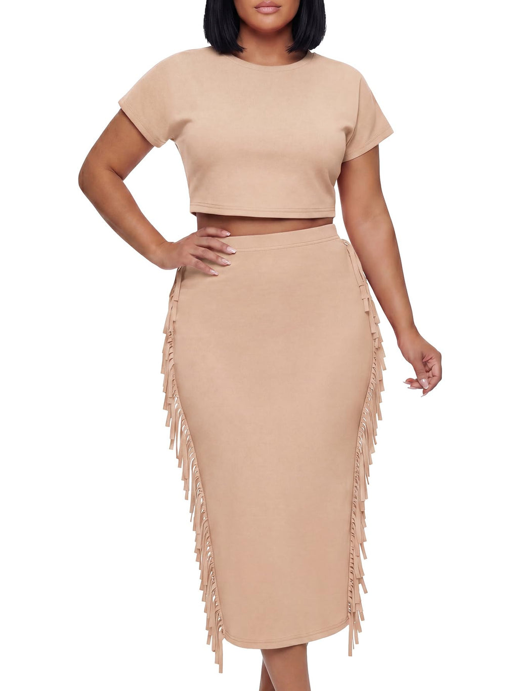 LYANER Women's 2 Piece Outfits Crew Neck Fringe Short Sleeve Crop Top and Tassel Trim Bodycon Midi Skirt Set