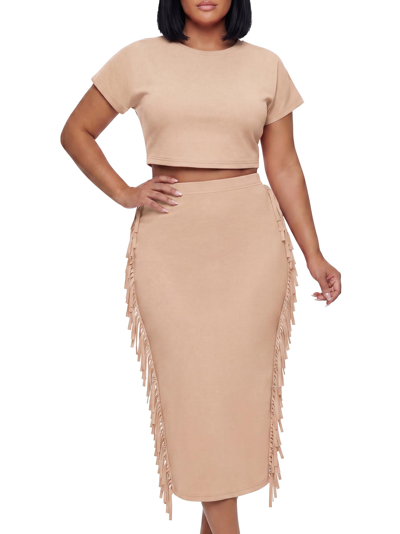LYANER Women's 2 Piece Outfits Crew Neck Fringe Short Sleeve Crop Top and Tassel Trim Bodycon Midi Skirt Set