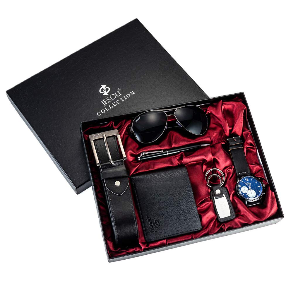 Baojulong Belt Men Leather Black Set with Wallet Keychain Ballpoint Pen Sunglasses Watch Set for Men, Birthday Gifts for Boyfriend Husband Dad, Valentines Day Gifts for Him