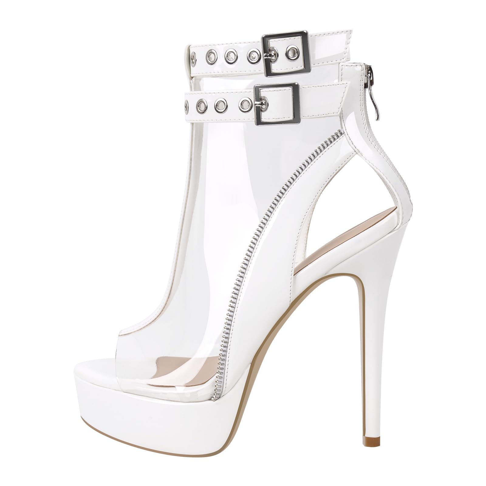 richealnini Women's Peep Toe Clear Sandals Buckle Ankle Strap Zipper Platform Stiletto High Heels