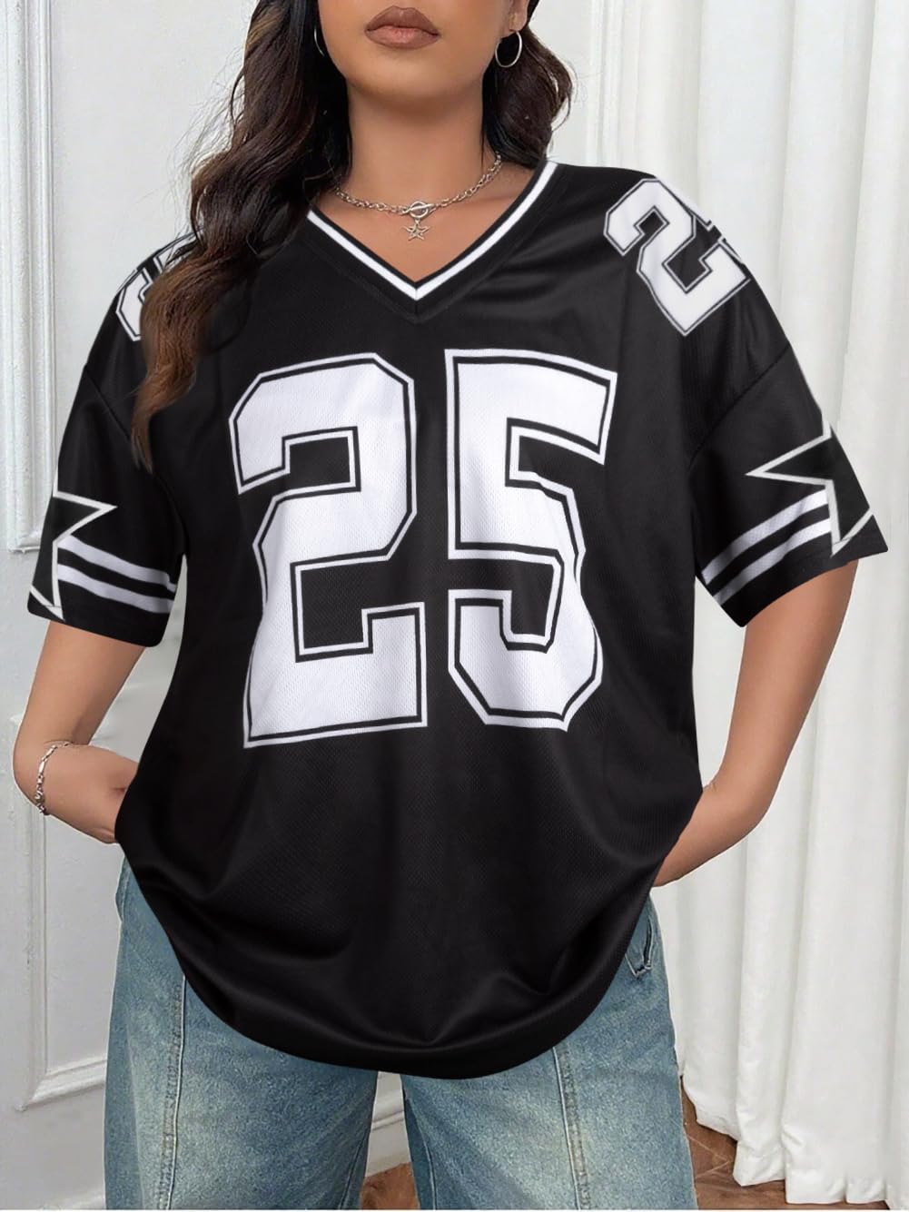 Jersey Shirts for Women Y2k Graphic Tees V Neck Baggy Streetwear Number Oversized T Shirt Summer Tops