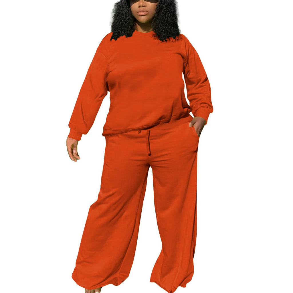 TOPSRANI Womens Plus Size Sweatsuits Tracksuit 2 Piece Outfits Crewneck Lounge Set Long Sleeve Baggy Wide Leg Pant Sets