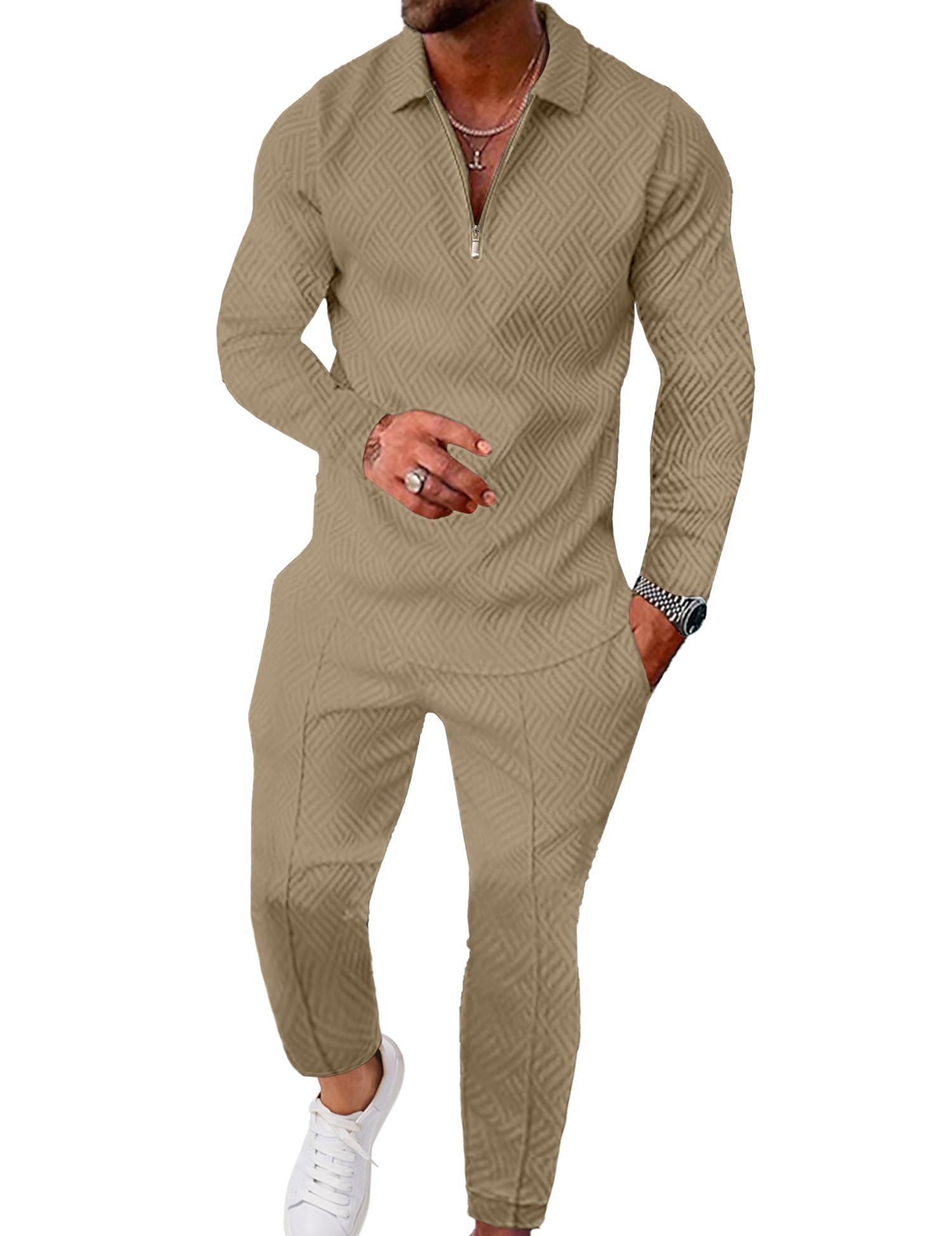 UOUA Mens 2 Piece Set Casual Outfits Polo Long Sleeve Shirt & Pants Tracksuit Loungewear Athletic Jogger Sweatsuit
