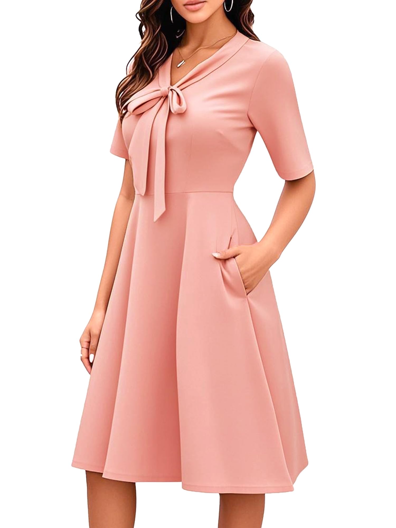 oxiuly Women's Vintage Bow Tie V-Neck Pockets Casual Work Party Cocktail Swing A-line Dresses OX278