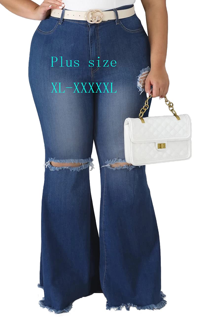 BessCops Plus Size Bell Bottom Jeans for Women Elastic High Waisted Classic Flared Denim Pants