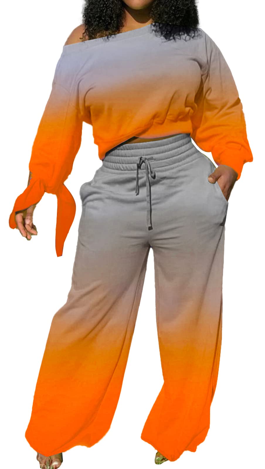 sexycherry Casual 2 Piece Outfits for Women Long Sleeve Sweatsuit Jogging Straight Long Pants Sets with Pockets