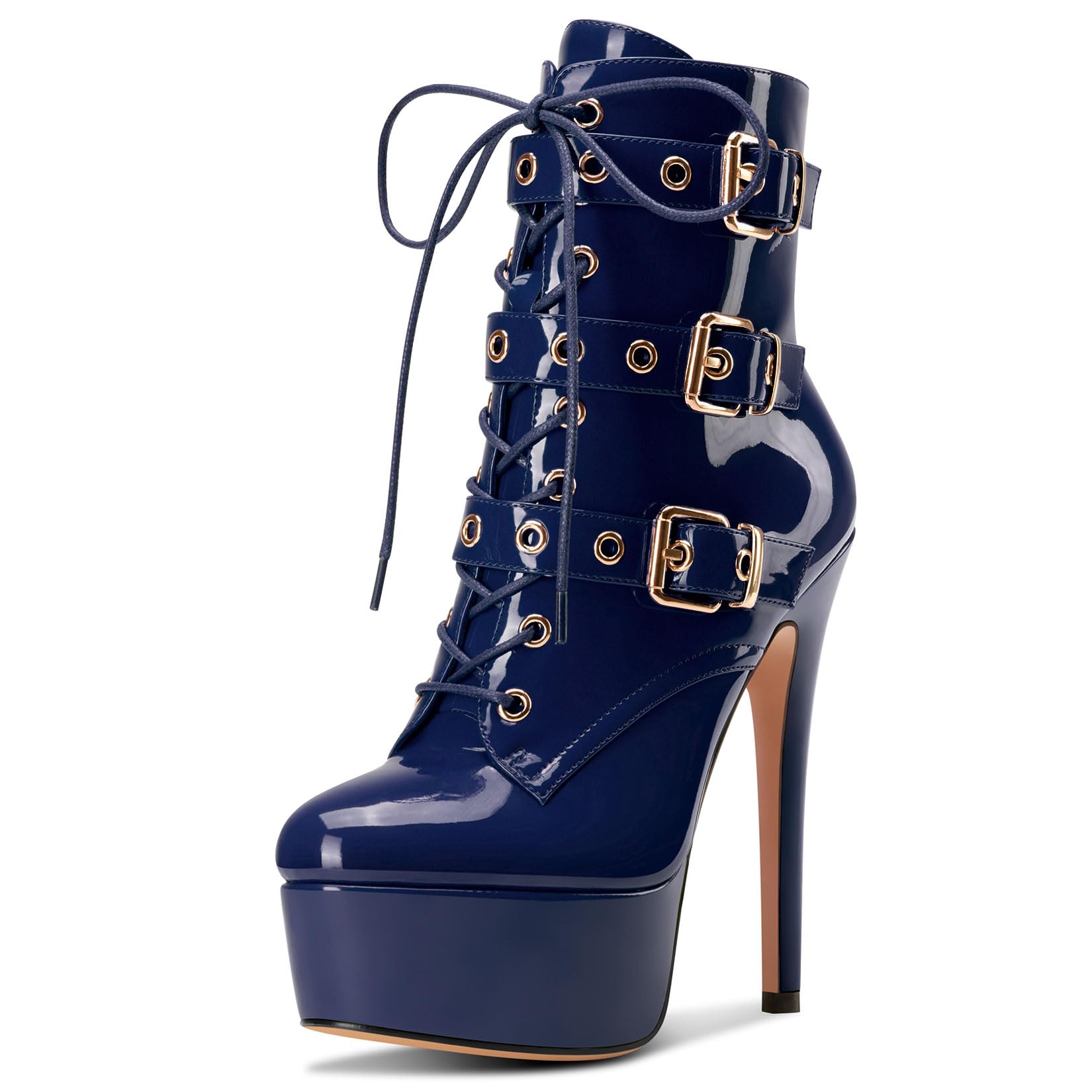 Aachcol Womens Stiletto Boots Platform Lace-up Ankle Boots Short Bootie High Heel Zipper Buckle Prom Party Dress Dance Shoes 6 Inches Heels
