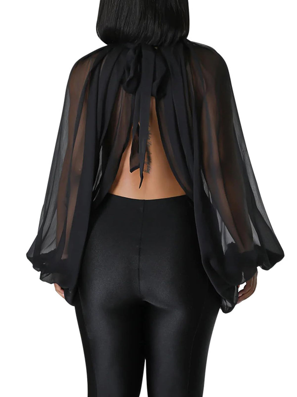 Ophestin Womens Print Sexy Open Back Sheer Chiffon Balloon Sleeve Shirt Blouse Tops Coverup