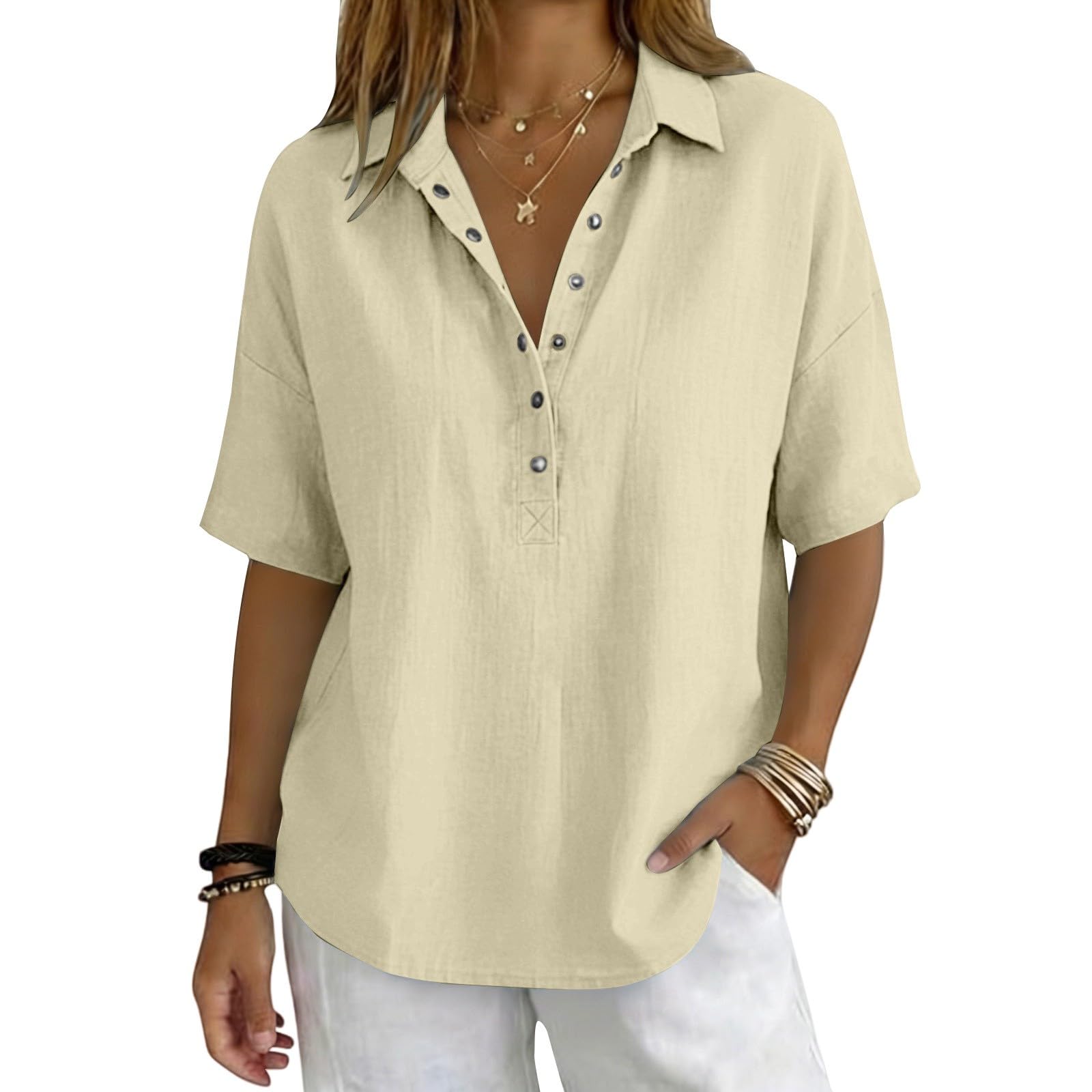 Linen Tops for Women Breathable Gauze Shirts Cotton Button Down Summer Elbow Length Blouses Dressy Casual Clothes