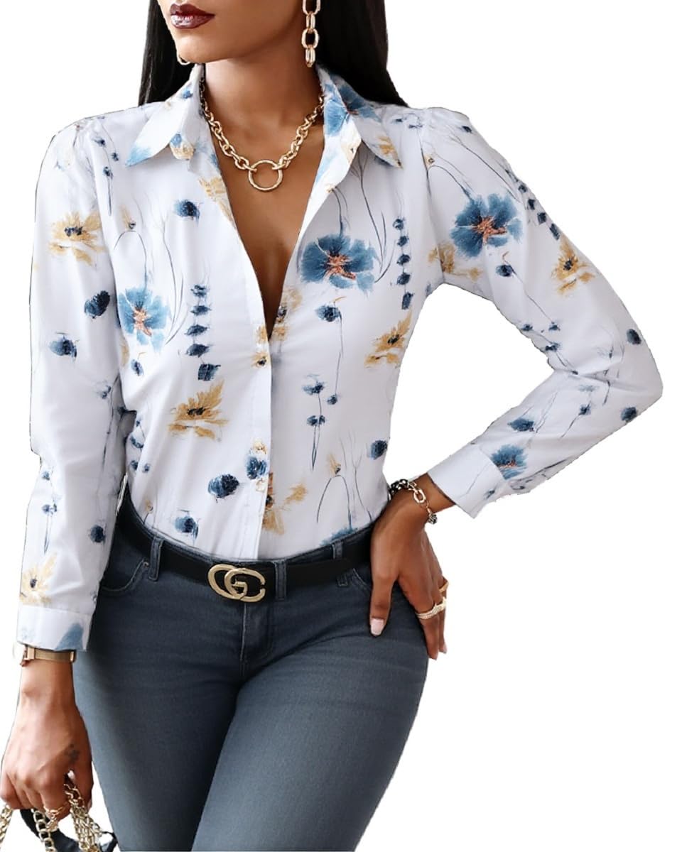 Blouses for Women Dressy Casual Colorful Long Sleeve Shirt Floral Print Tops Loose Collar Sexy T-Shirts Fashion 2023