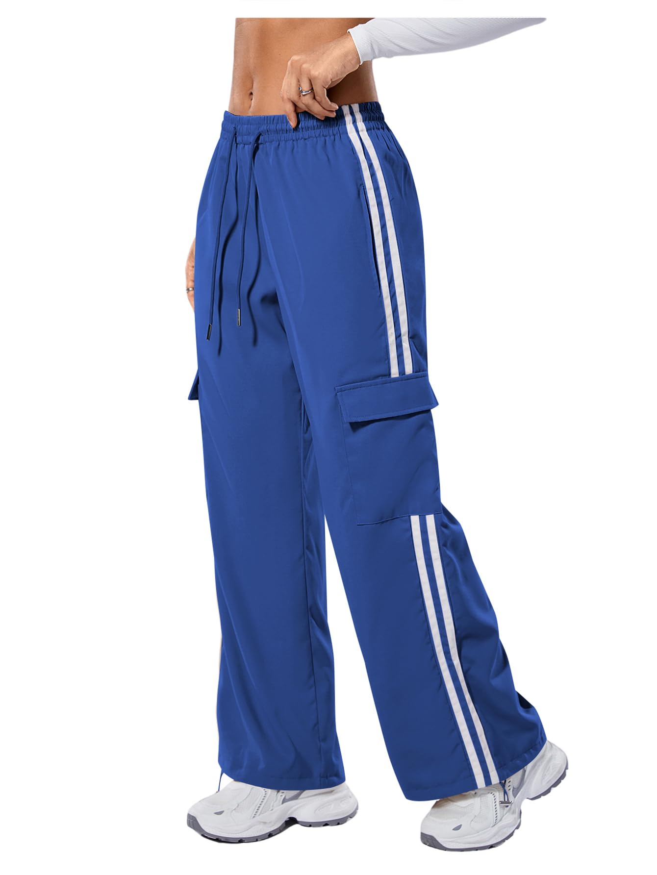Verdusa Women's Cargo Pants Baggy Straight Wide Leg Track Pants Striped Joggers with Pockets Athletic Streetwear