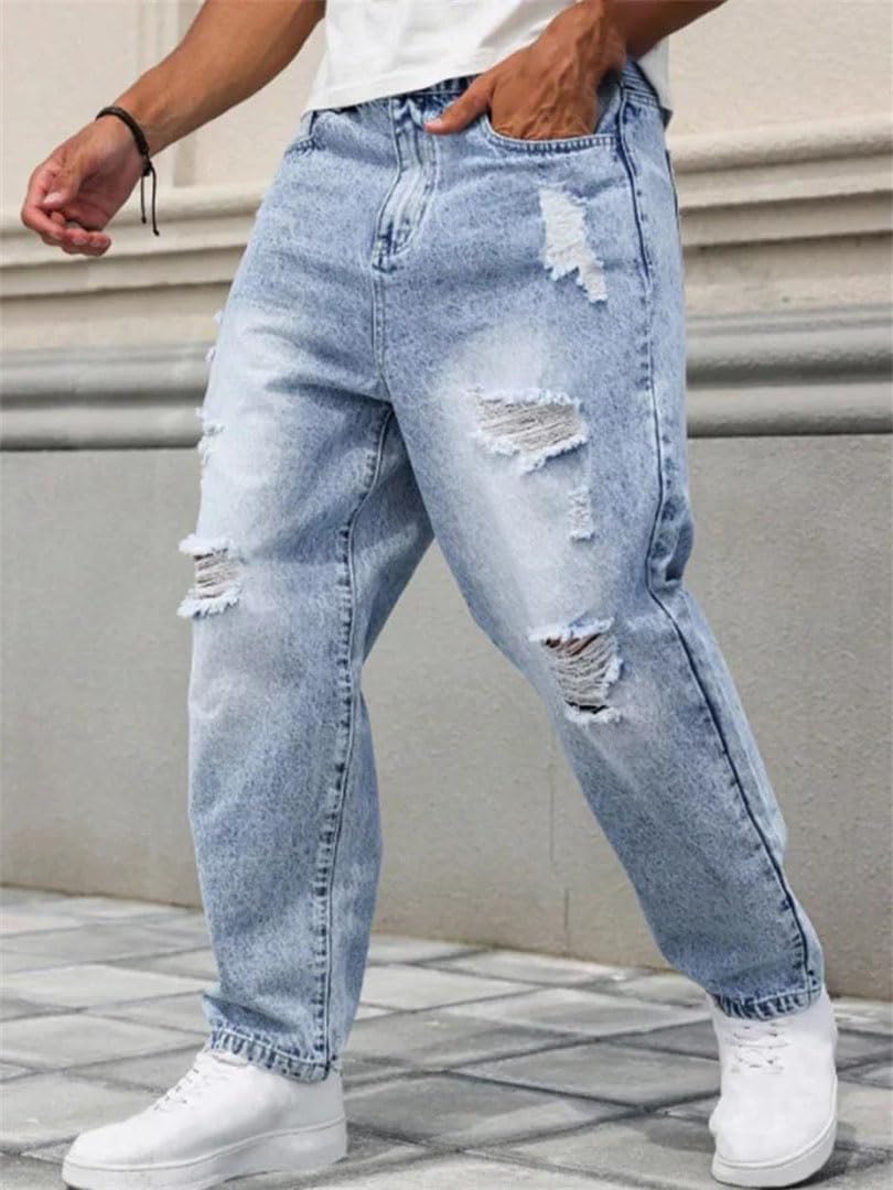 Mens Relaxed Tapered Ripped Jeans Loose Straight Leg Denim Pants