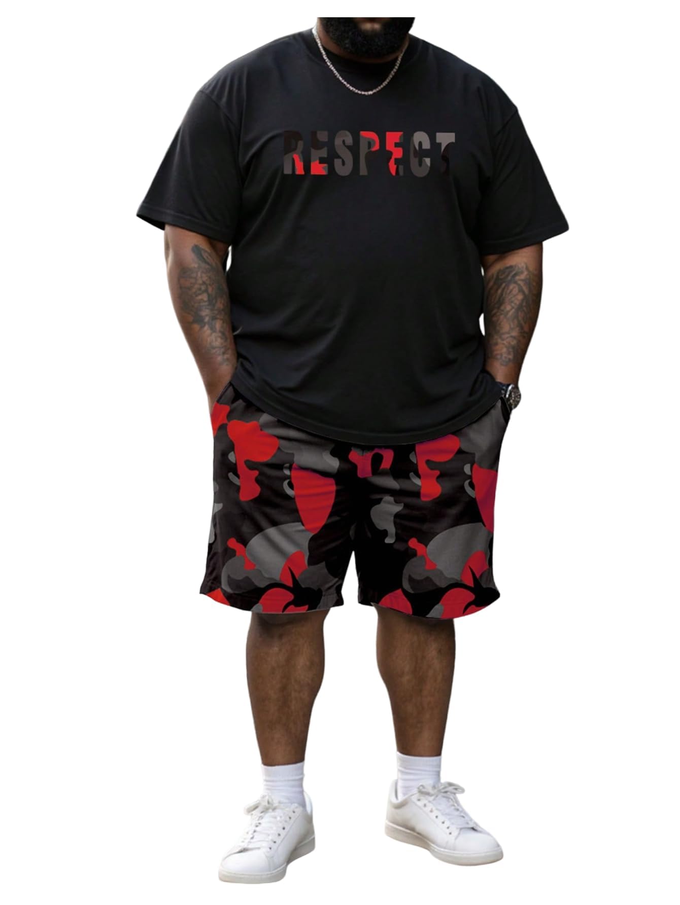 WDIRARA Men's Big and Tall 2 Piece Outfits Letter Camo Print Short Sleeve Tracksuit Track Shorts Set