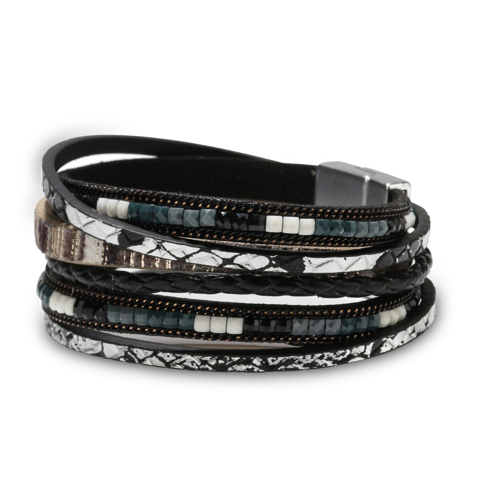 Fesciory Leather Wrap Bracelets for Women, Boho Leopard Multi-Layer Crystal Beads Cuff Bracelet Jewelry