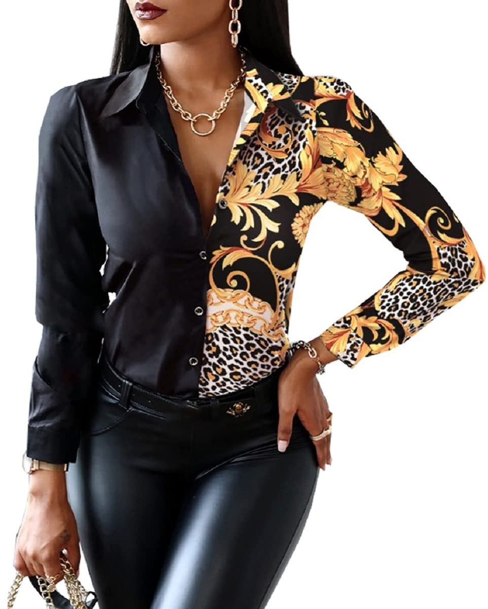 Blouses for Women Dressy Casual Colorful Long Sleeve Shirt Floral Print Tops Loose Collar Sexy T-Shirts Fashion 2023