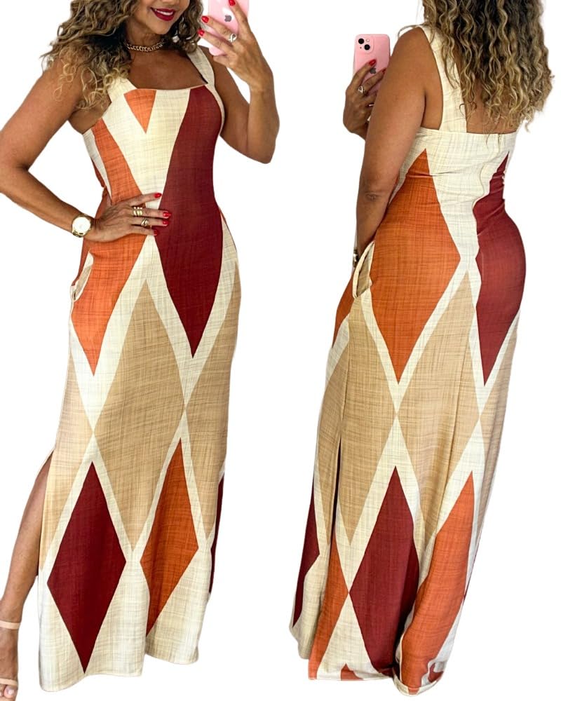 CHICME Women's Summer Maxi Dress Casual Thick Strap Square Neck Boho Sundress Split Vacation Dresses with Pockets