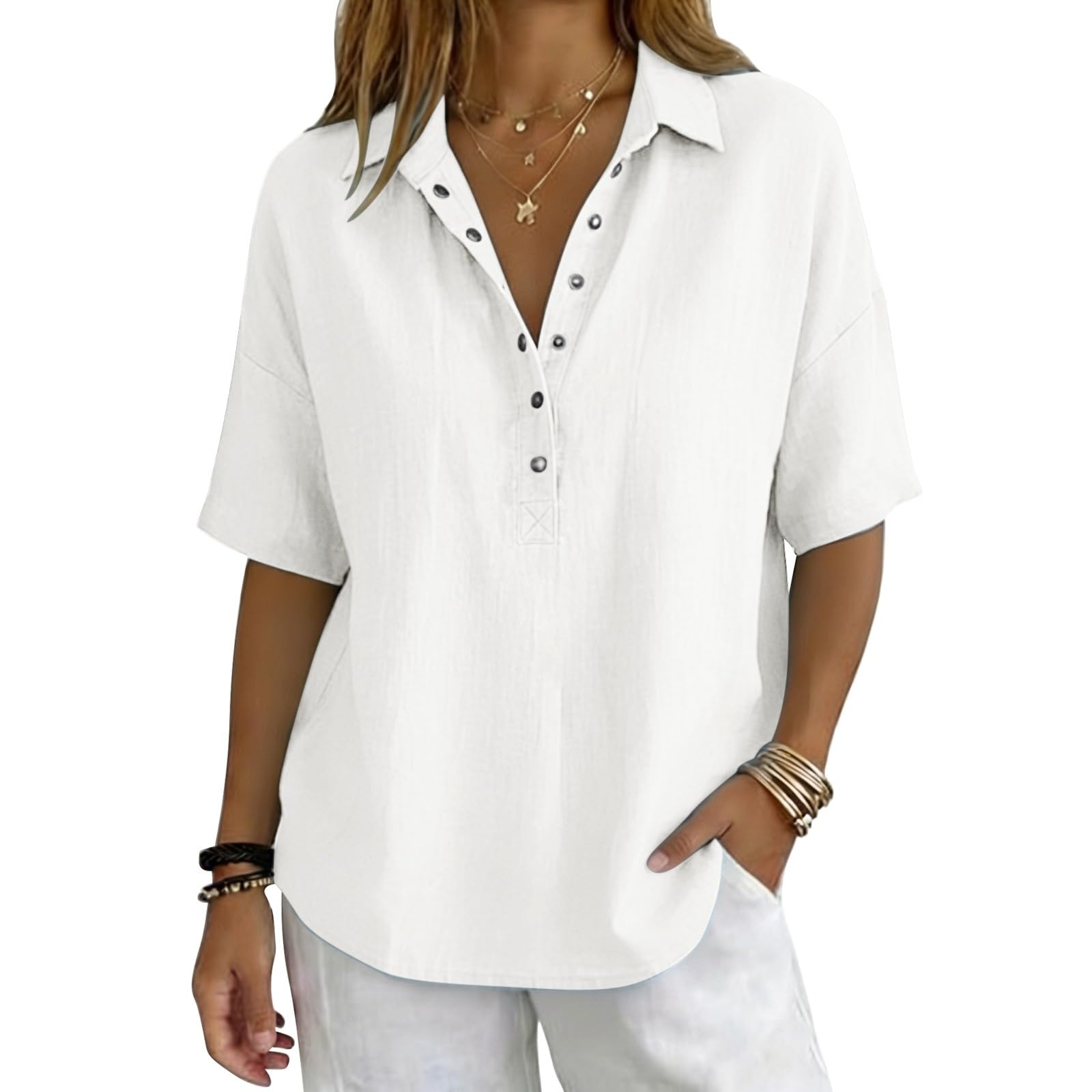 Linen Tops for Women Breathable Gauze Shirts Cotton Button Down Summer Elbow Length Blouses Dressy Casual Clothes