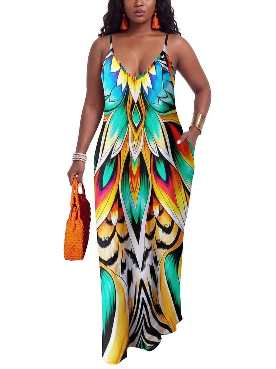 PerZeal Women's Summer Casual Maxi Dresses Sexy Floor Length V-Neck Spaghetti Strap Sleeveless Colorful Sundresses Plus Size