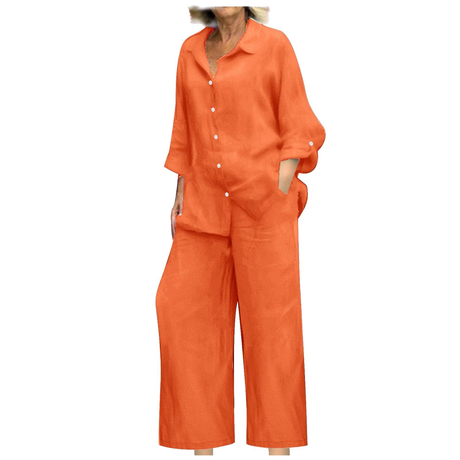 BAOQIN Linen Sets for Women 2 Piece - Womens Long Sleeve Button Down Shirts Summer Wide Leg Breathable Cotton Linen Pants Set