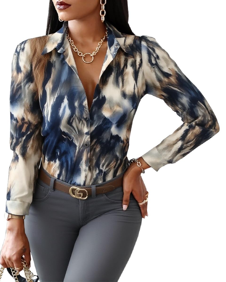 Blouses for Women Dressy Casual Colorful Long Sleeve Shirt Floral Print Tops Loose Collar Sexy T-Shirts Fashion 2023