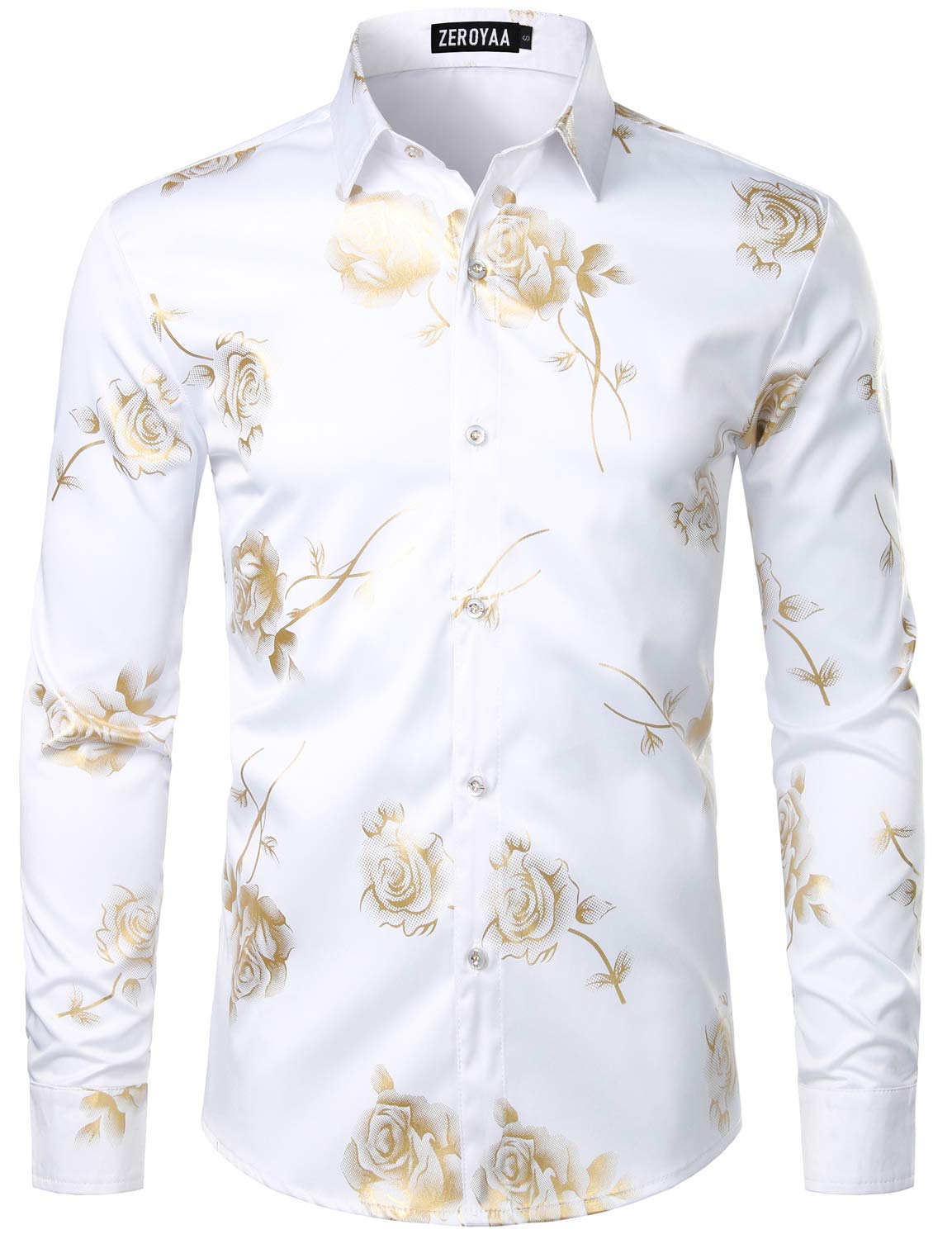 ZEROYAA Mens Hipster 3D Golden Rose Floral Printed Slim Fit Long Sleeve Button Down Dress Shirts