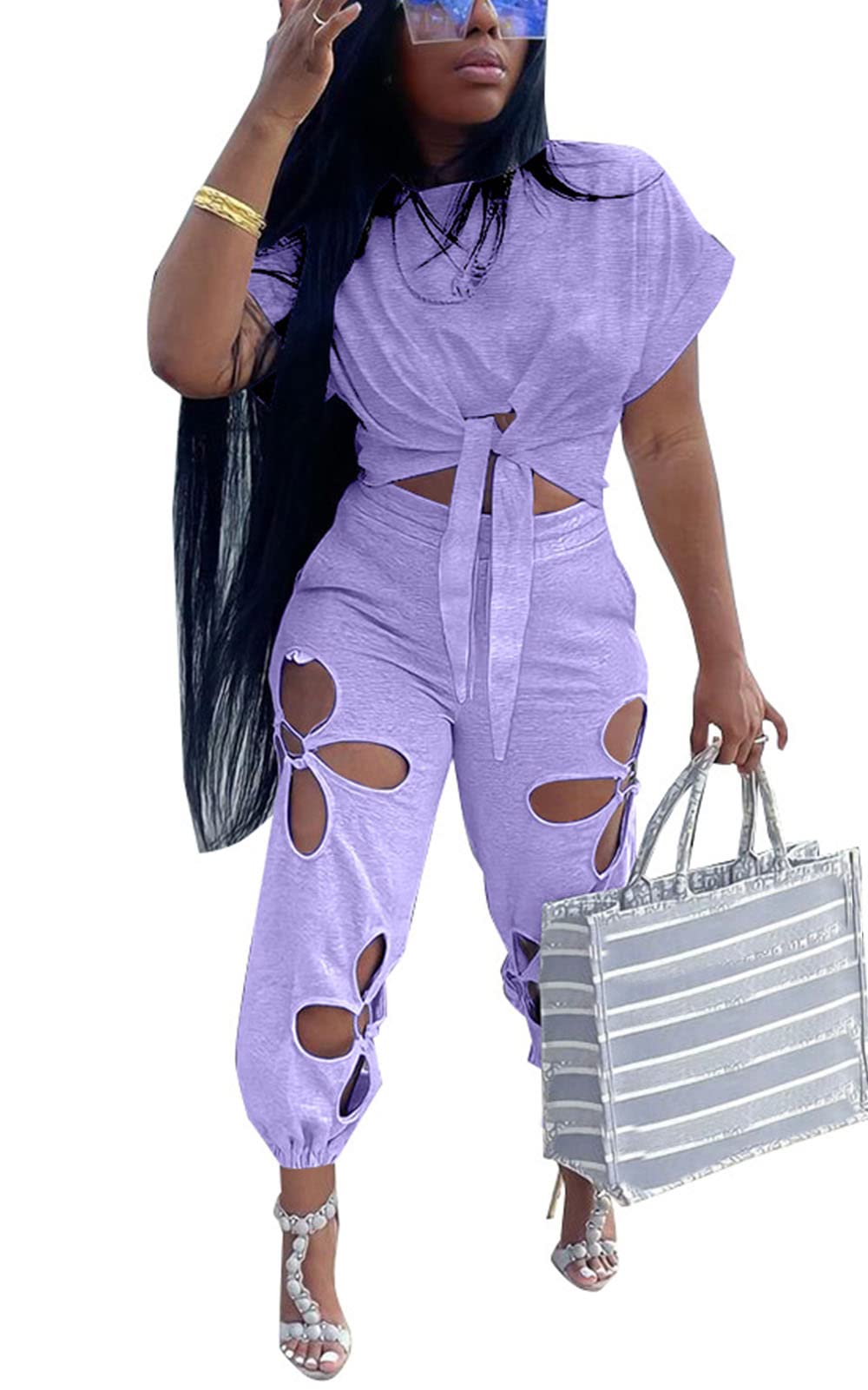 KEYUFANG Women 2 Piece Outfits Set Casual Crop Top Shirt Hollowed Out Sweatpants Women Fashion Tracksuit