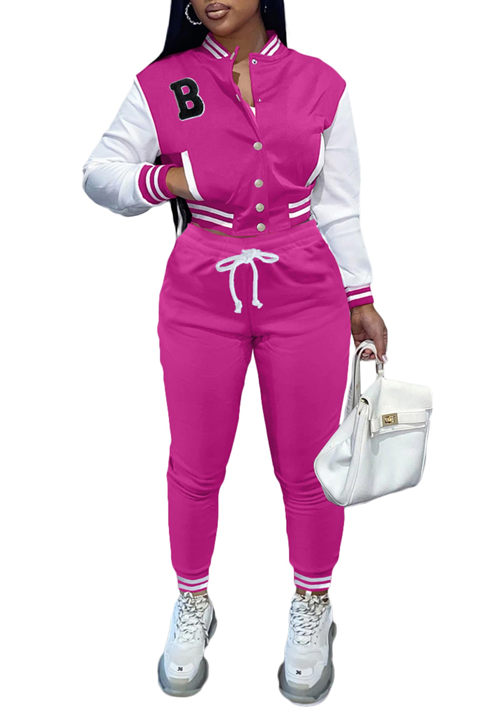 Fooullaide Women's Varsity Jacket Sweatsuit 2 Piece Tracksuit Crop Top Button Down Letterman Jackets Pants Sets