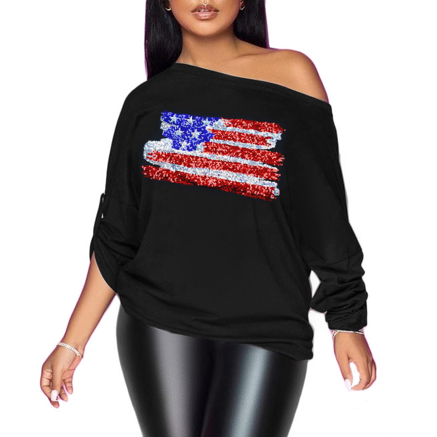 PESION Womens Off The Shoulder Tops Sexy Shiny Metallic Shirts Long Sleeves Fashion Graphic T-Shirts Blouses