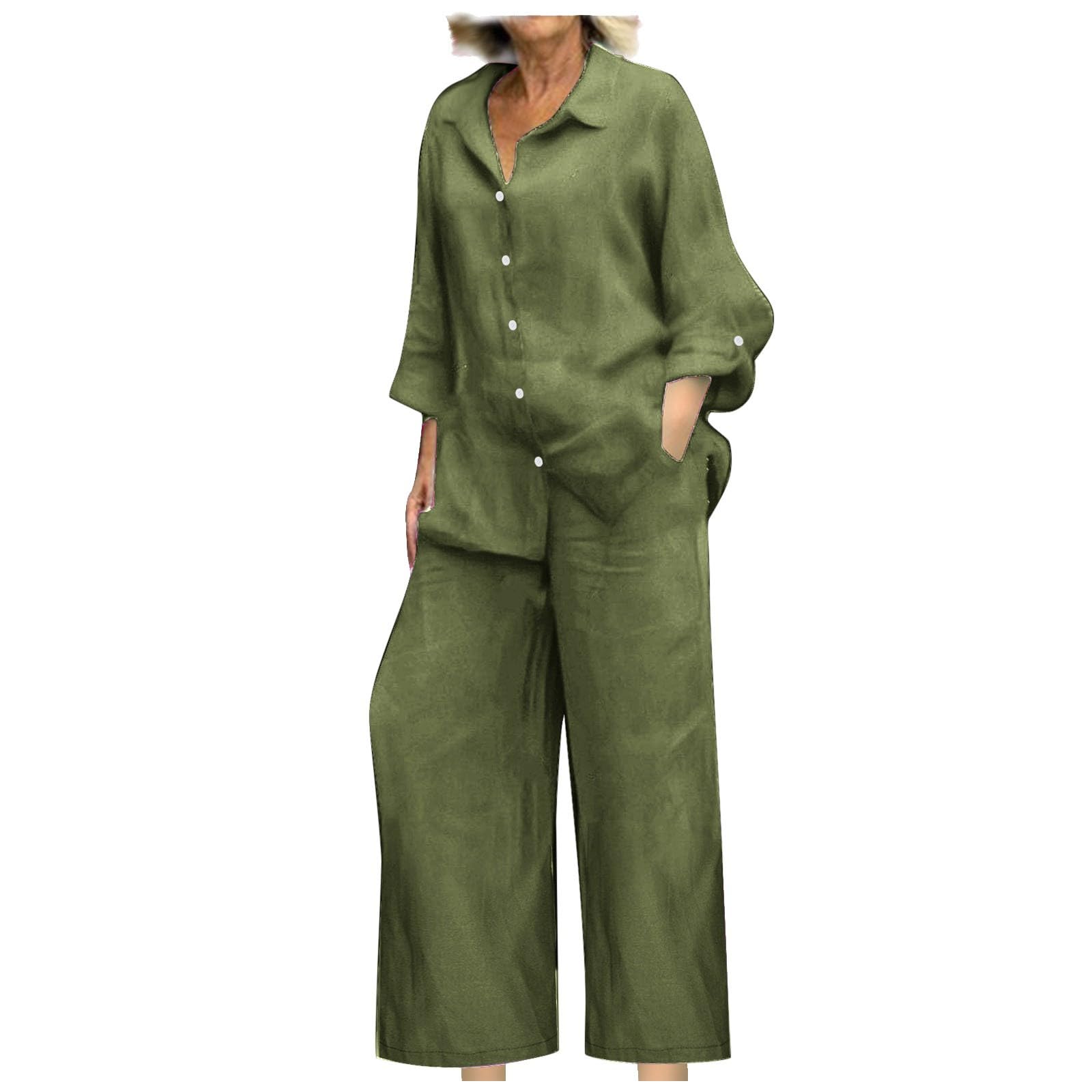 BAOQIN Linen Sets for Women 2 Piece - Womens Long Sleeve Button Down Shirts Summer Wide Leg Breathable Cotton Linen Pants Set